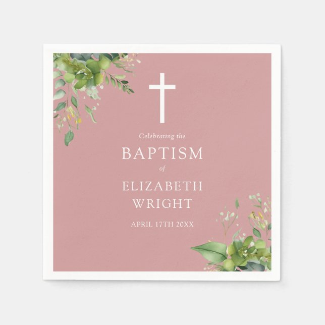Dusty Rose Pink Greenery Baptism Christening Napkin (Front)