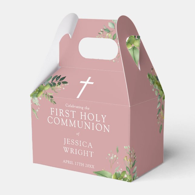 Dusty Rose Pink Greenery First Holy Communion Favour Box (Back Side)