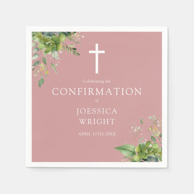 Dusty Rose Pink Greenery Floral Confirmation Napkin (Front)