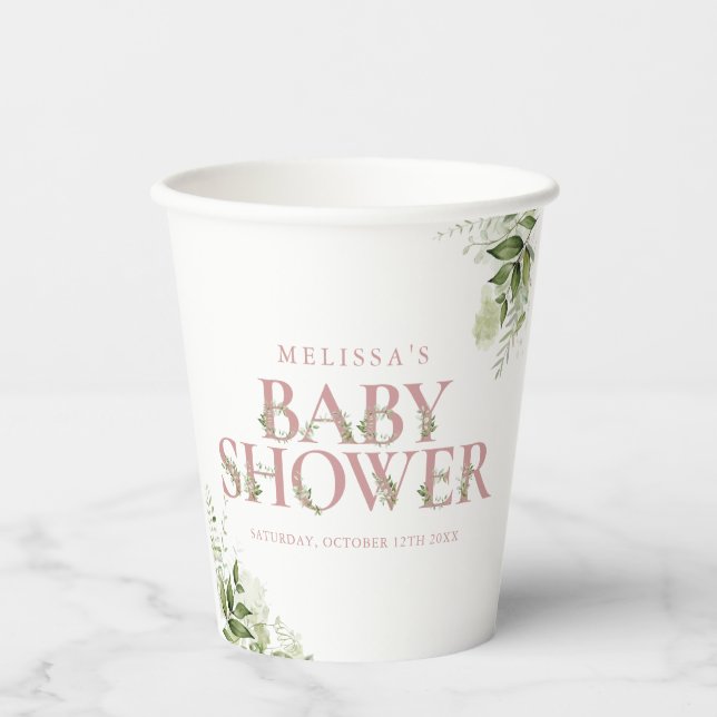 Dusty Rose Pink Greenery Letter Baby Shower Paper Cups (Front)