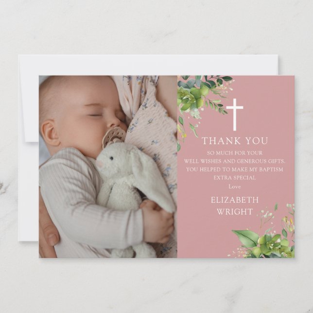 Dusty Rose Pink Greenery Photo Baptism Christening Thank You Card (Front)