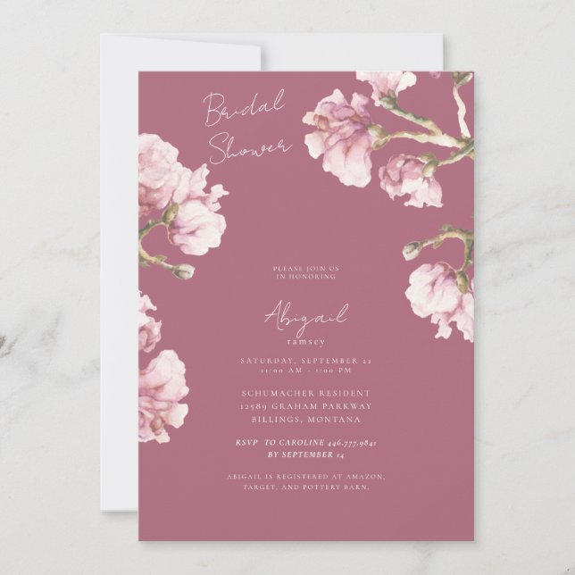 Dusty Rose Pink Magnolia Blossoms Bridal Shower Invitation (Front)