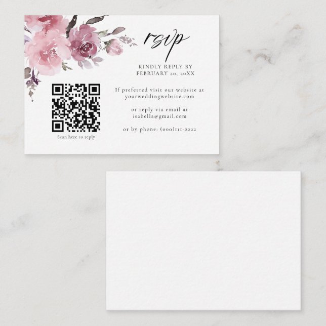 Dusty Rose Pink Mauve Floral QR Code Wedding RSVP Enclosure Card (Front/Back)