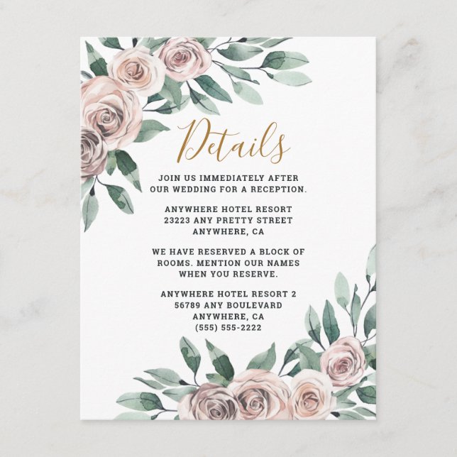 Dusty Rose Pink Mauve Gold Greenery Floral Wedding Enclosure Card (Front)