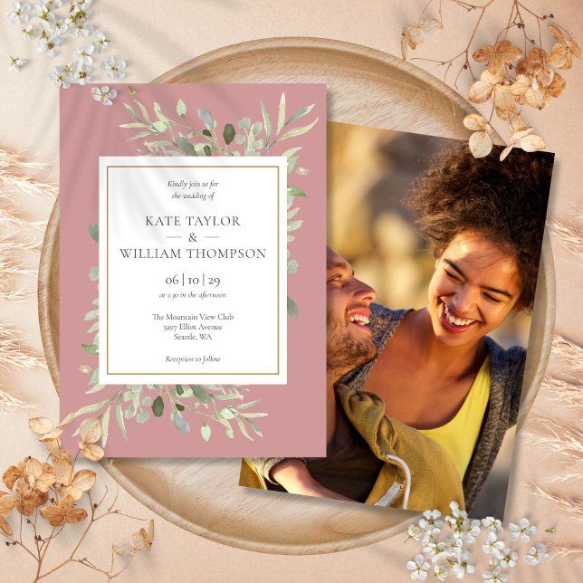 Dusty Rose Pink Mauve Greenery Photo Wedding Invitation (Dusty Rose Pink Mauve Greenery Photo Wedding Invitation)