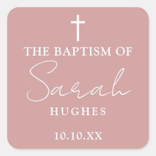 Dusty Rose Pink Minimalist Baptism Christening Square Sticker