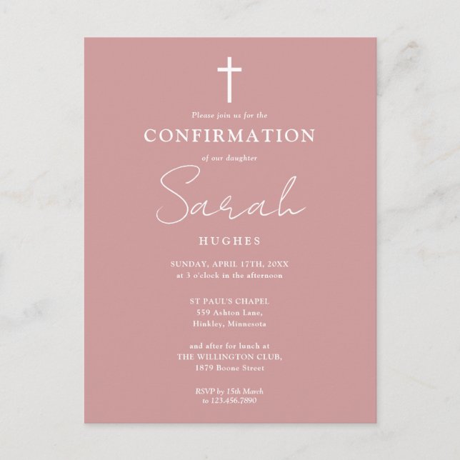 Dusty Rose Pink Minimalist Confirmation Invitation Postcard (Front)