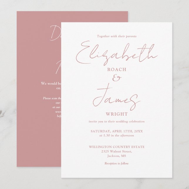 Dusty Rose Pink Minimalist Elegant QR Code Wedding Invitation (Front/Back)