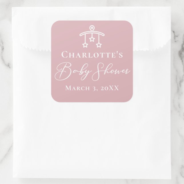 Dusty Rose Pink Modern Baby Shower Square Sticker (Bag)