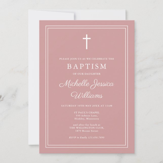 Dusty Rose Pink Modern Elegant Border Baptism Invitation (Front)