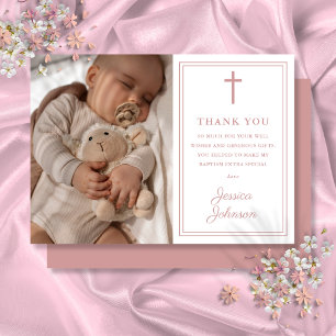 Dusty Rose Pink Modern Photo Baptism Christening Thank You Card