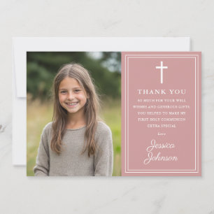 Dusty Rose Pink Modern Photo First Holy Communion Thank You Card