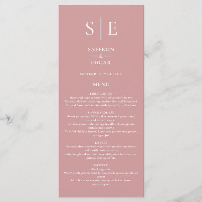 Dusty Rose Pink Monogram Wedding Dinner Menu (Front)