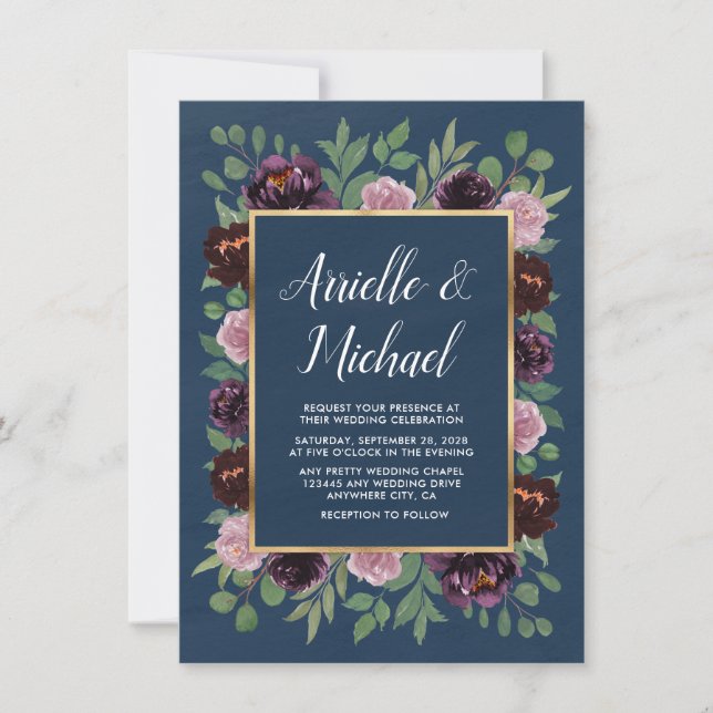 Dusty Rose Pink Navy Blue Fall Wedding Invitations (Front)
