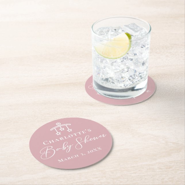 Dusty Rose Pink Personalised Baby Shower Round Paper Coaster (Insitu)