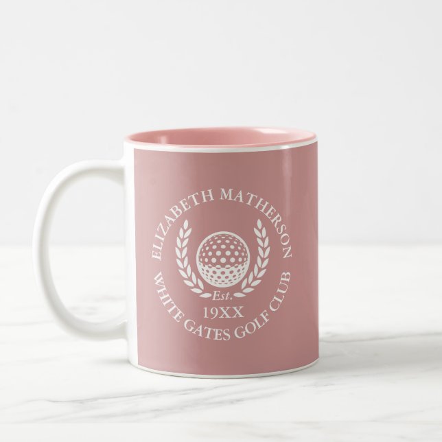 Dusty Rose Pink Personalised Golf Club Name Two-Tone Coffee Mug (Left)