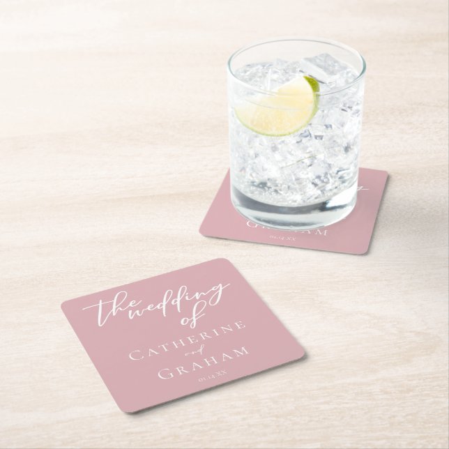 Dusty Rose Pink Personalised Wedding Square Paper Coaster (Insitu)