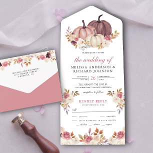 Dusty Rose Pink Pumpkin and Ivory Floral Wedding All In One Invitation