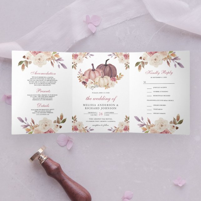 Dusty Rose Pink Pumpkin and Ivory Floral Wedding Tri-Fold Invitation (Creator Uploaded)