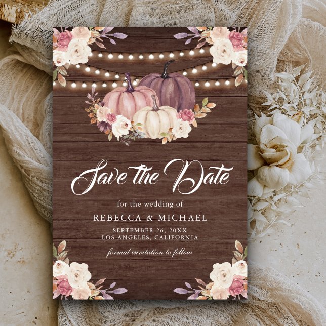 Dusty Rose Pink Pumpkin Floral Wood Wedding Save The Date (Creator Uploaded)