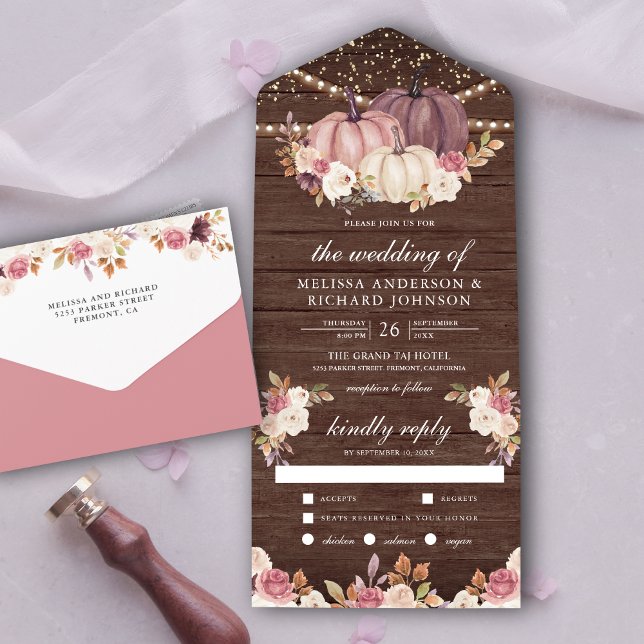 Dusty Rose Pink Pumpkin Ivory Floral Wood Wedding All In One Invitation (Creator Uploaded)