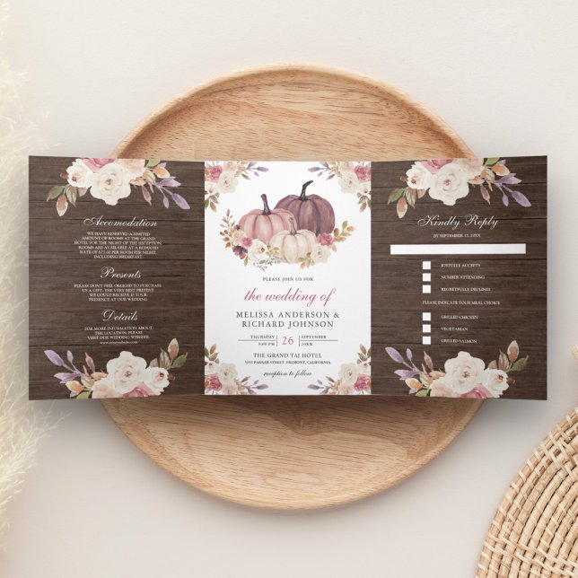 Dusty Rose Pink Pumpkin Ivory Floral Wood Wedding Tri-Fold Invitation (Creator Uploaded)