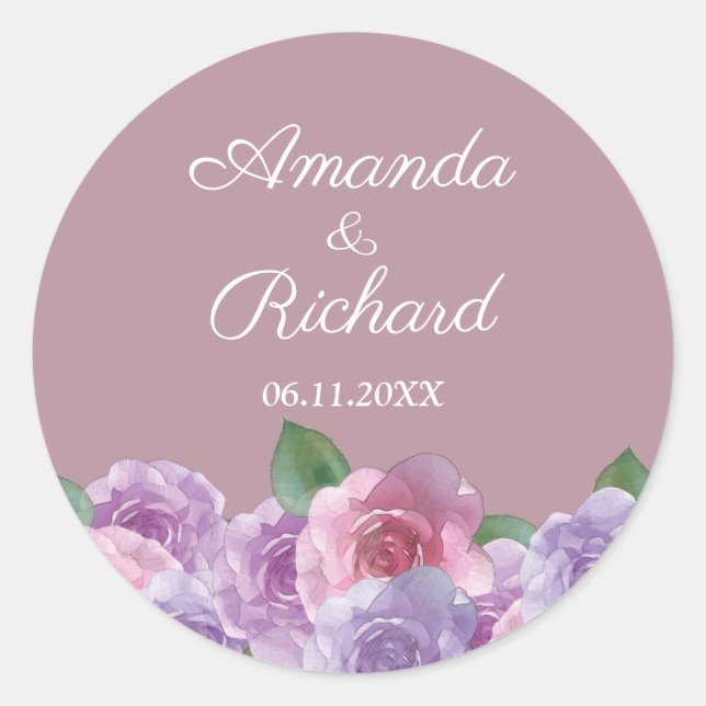 Dusty Rose Pink Purple Floral Wedding Classic Round Sticker (Front)