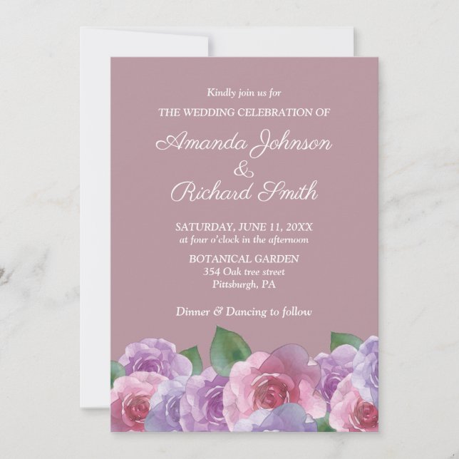 Dusty Rose Pink Purple Floral Wedding  Invitation (Front)