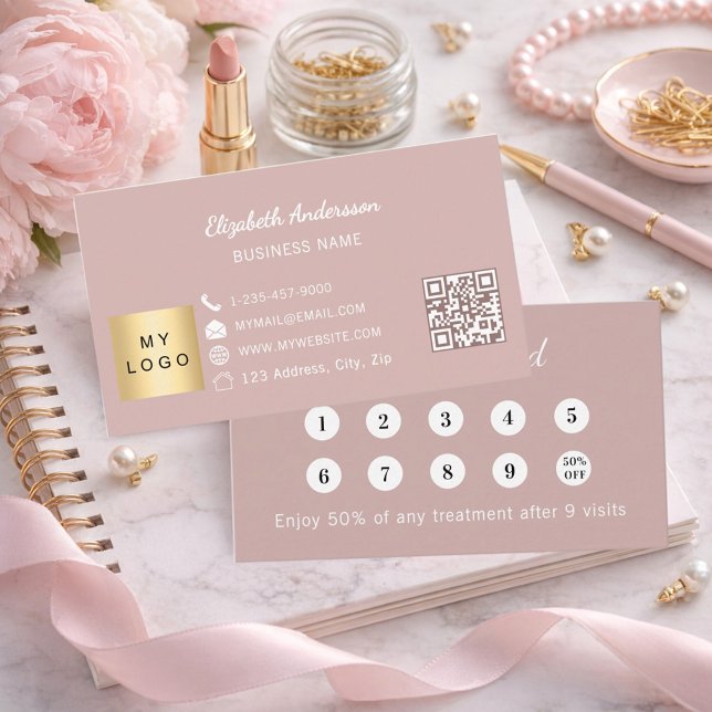 Dusty rose pink qr code business logo loyalty card (Creator Uploaded)