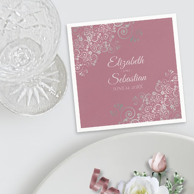 Dusty Rose Pink & Silver Frills Elegant Wedding Napkin (In Situ with Plate)