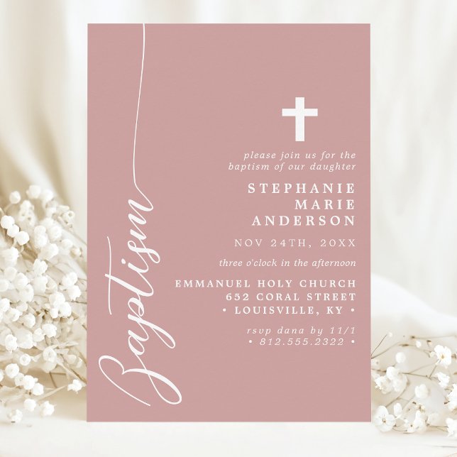 Dusty Rose Pink Simple Modern Script Baptism Invitation (Creator Uploaded)