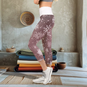 Dusty Rose Pink Snowflakes Elegant Winter Holiday Capri Leggings