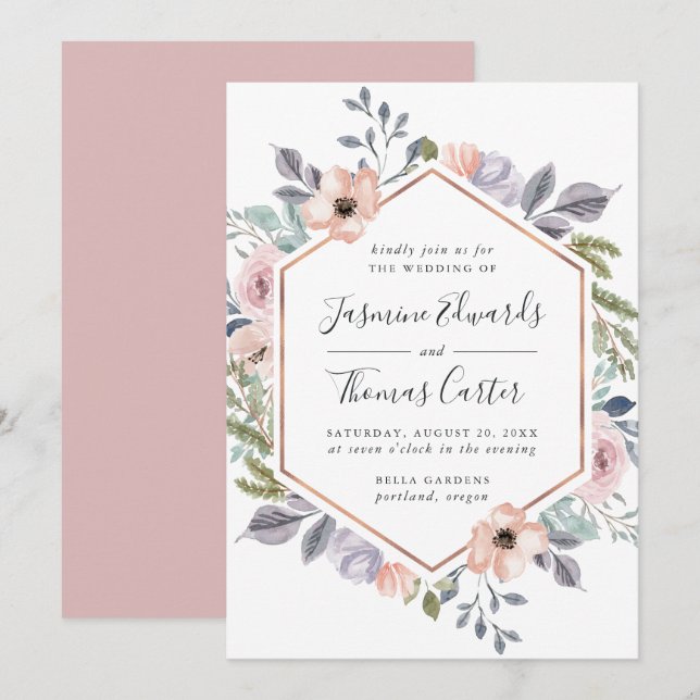 Dusty Rose Pink Watercolor Floral Frame | Wedding Invitation (Front/Back)