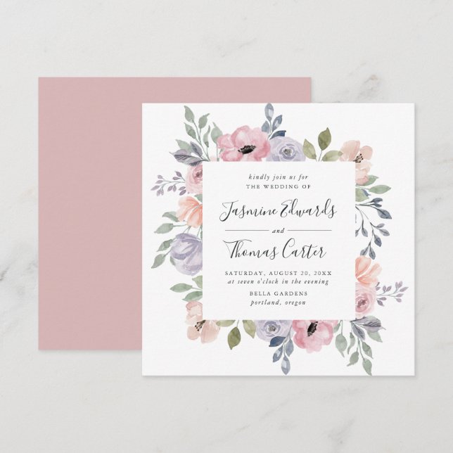 Dusty Rose Pink Watercolor Floral | Square Wedding Invitation (Front/Back)