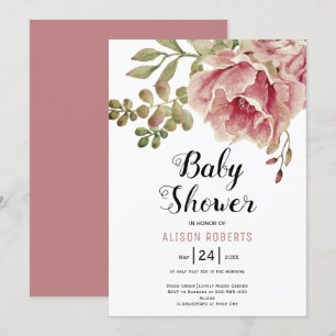 Dusty rose pink watercolor flowers baby shower invitation