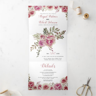 Dusty rose pink watercolor flowers wedding  Tri-Fold invitation