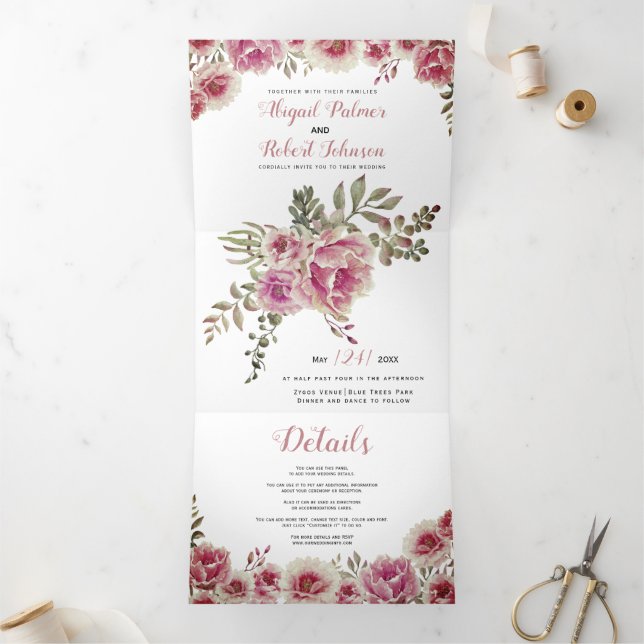 Dusty rose pink watercolor flowers wedding  Tri-Fold invitation (Inside)