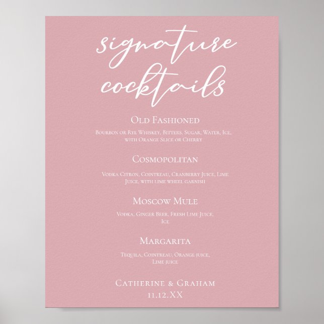 Dusty Rose Pink Wedding Signature Cocktails Menu Poster (Front)