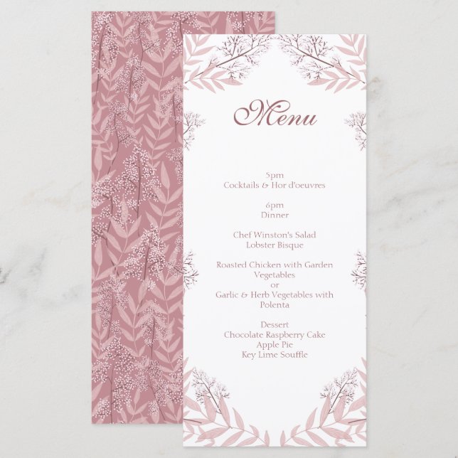 Dusty Rose Pink Wedding Vintage Botanical Menu (Front/Back)