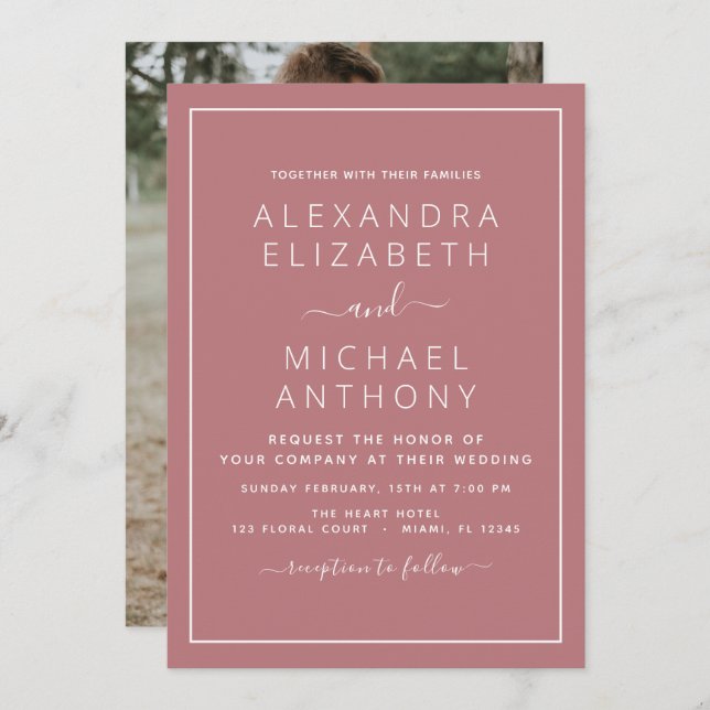 Dusty Rose Pink Wedding with Photo Invitation (Front/Back)