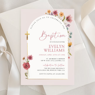 Dusty Rose Pink Wildflower Arched Girl Baptism Invitation