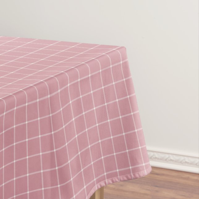 Dusty Rose Pink Windowpane Check Plaid Tablecloth (In Situ)
