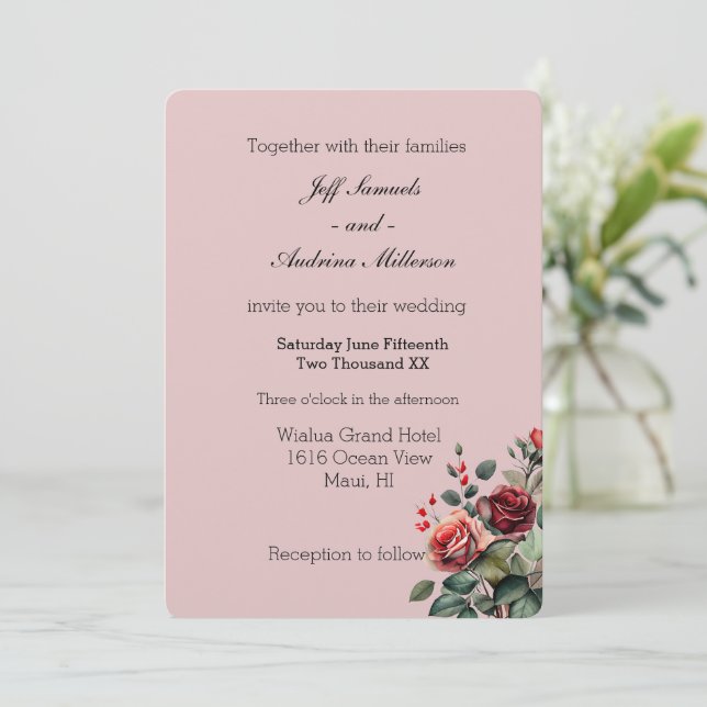 Dusty Rose Pink with Red Roses Floral Wedding Invitation (Standing Front)