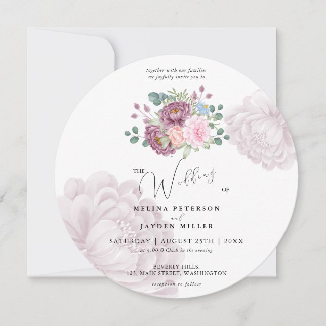 Dusty Rose Plum Peony Floral Wedding   Invitation (Front)