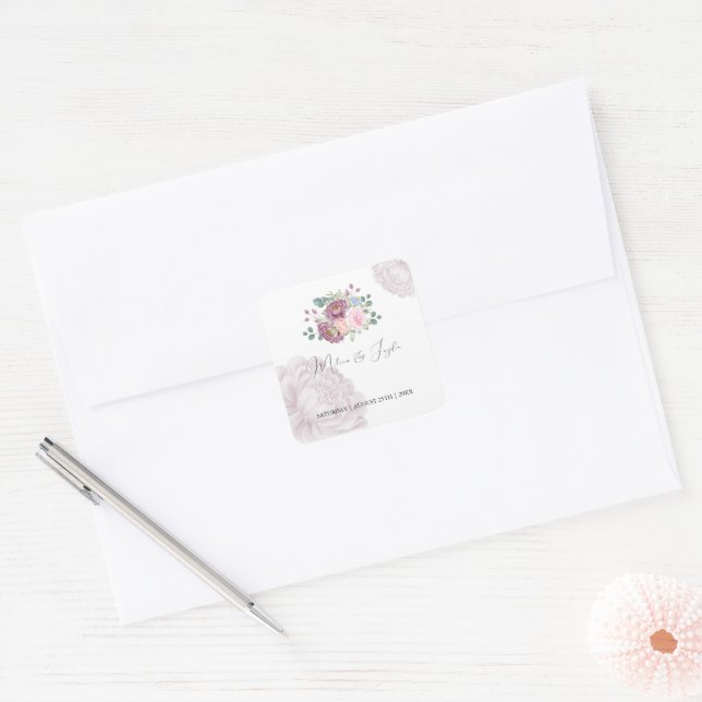 Dusty Rose Plum Peony Floral Wedding  Square Sticker (Envelope)