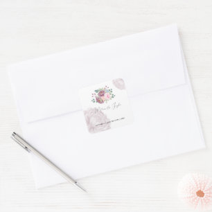 Dusty Rose Plum Peony Floral Wedding Square Sticker