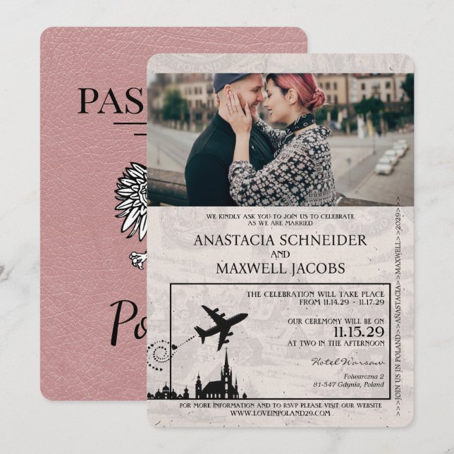 Dusty Rose Poland Passport Wedding Invitation (Front/Back)