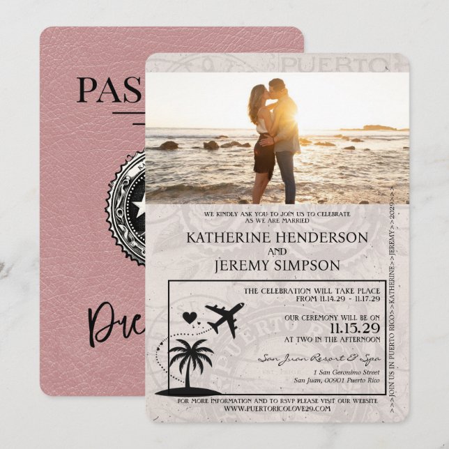 Dusty Rose Puerto Rico Passport Wedding Invitation (Front/Back)