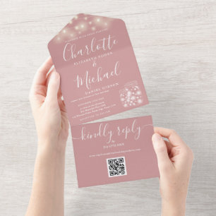 Dusty Rose QR Code Mason Jar String Lights Wedding All In One Invitation
