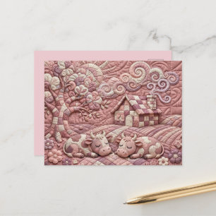 Dusty Rose Quaint Quilted Cows Patchwork Pastoral Announcement Postcard